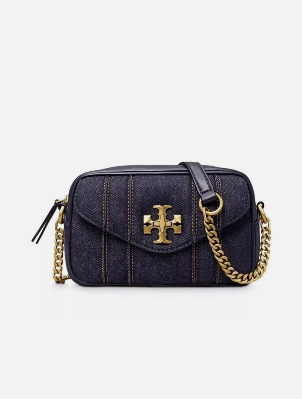 Tory Burch Denim Camera Bag in Dark Blue with Gold Hardware